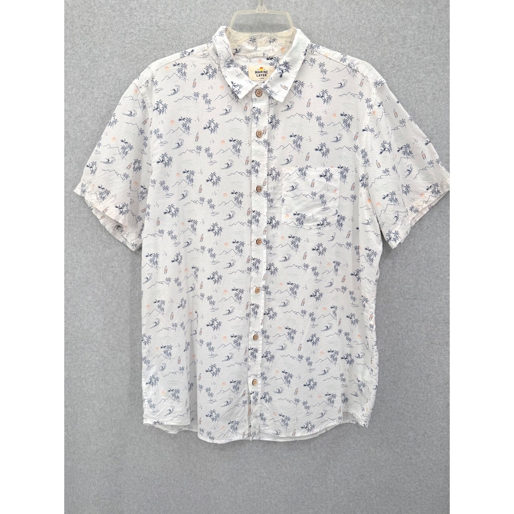 Marine Layer Short Sleeve Button Down Men Large White Surf Palm Tree Print 13352